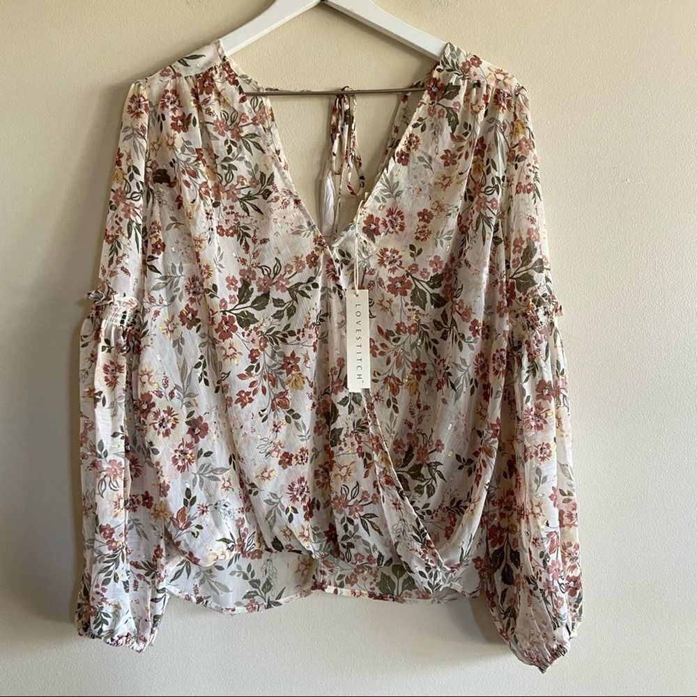 LOVESTITCH Floral Surplice Long Sleeve Tie Back Top Size Small - Picture 3 of 9